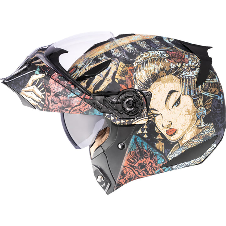 ICON Threshold Odokuro Modular Helmet Black - Left Side View with Chin Bar Raised