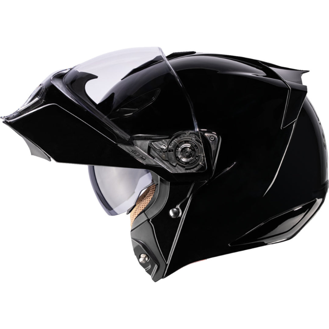 ICON Threshold Solid Modular Helmet Gloss Black - Left Side View with Chin Bar Raised