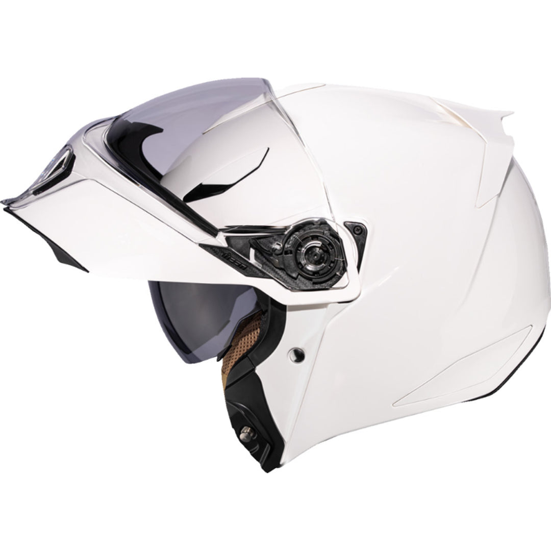 ICON Threshold Solid Modular Helmet Gloss White - Left Side View with Chin Bar Raised