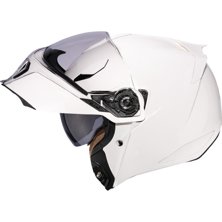 ICON Threshold Solid Modular Helmet Gloss White - Left Side View with Chin Bar Raised