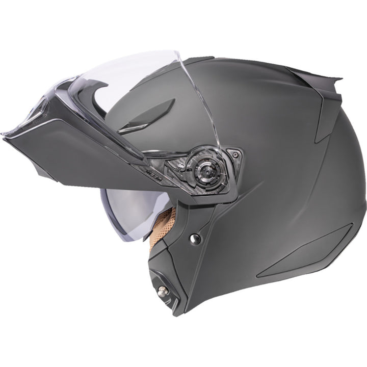 ICON Threshold Solid Modular Helmet Matte Black - Left Side View with Chin Bar Raised