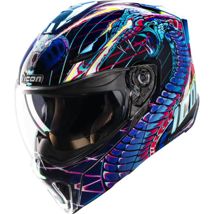 ICON Threshold Synthwave Lazer Cobra Modular Helmet Blue - Front Left Side View