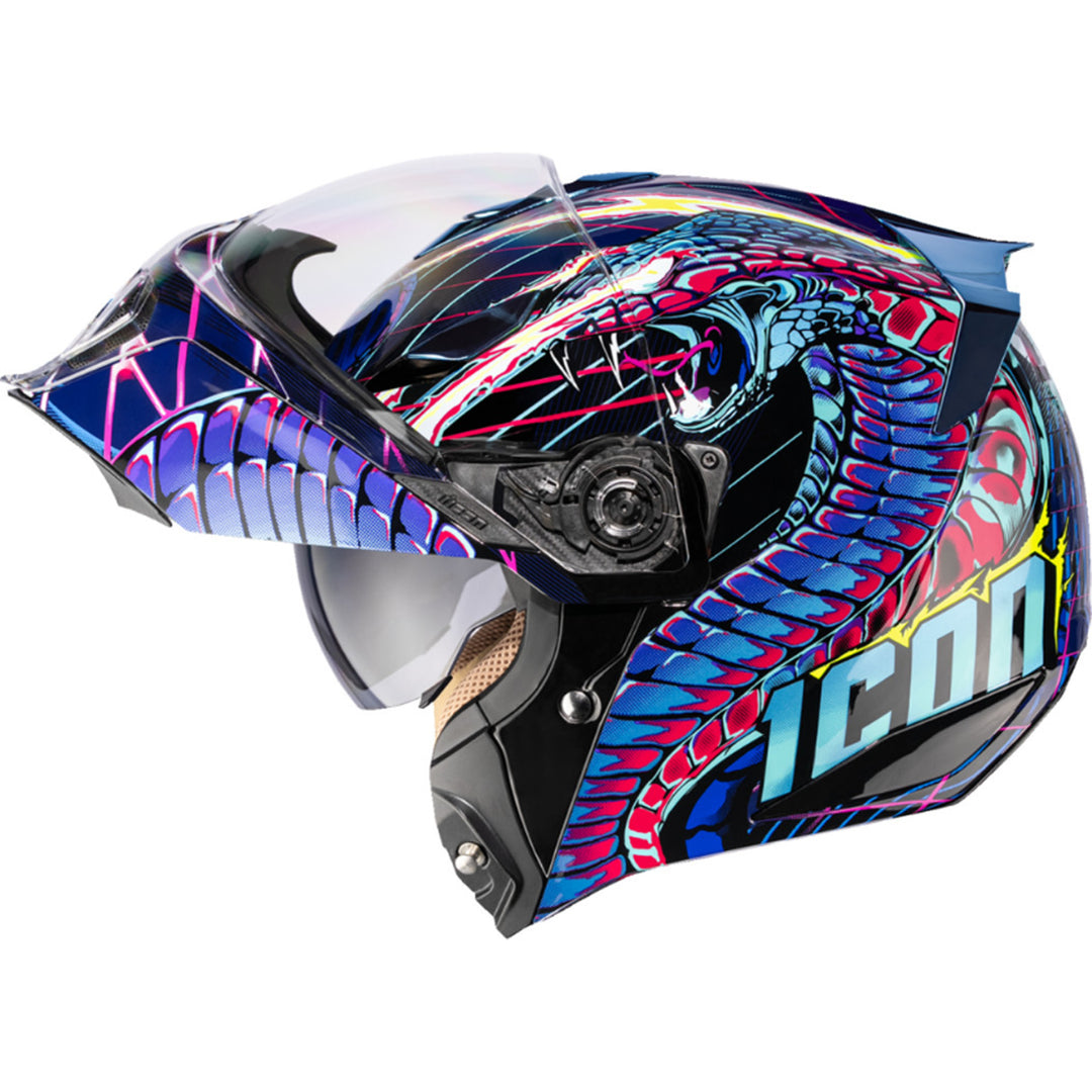 ICON Threshold Synthwave Lazer Cobra Modular Helmet Blue - Left Side View with Chin Bar Raised
