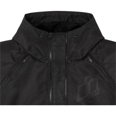 ICON Women's Airform Jacket Black - Close-Up of Collar and Expanded Mesh in Front Zipper