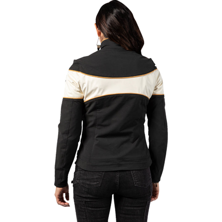 ICON Women's Hella 4 Jacket Black - Rear View of Model Posing in Jacket