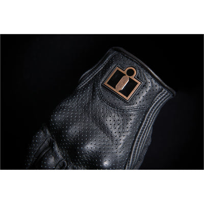 ICON Women's Pursuit Classic Perforated Gloves Black - Close-Up of Wrist Logo