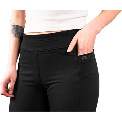 ICON Women's Tuscadero2 Stretch Pant Black - Close-Up of Model Posing with Hand in Pocket