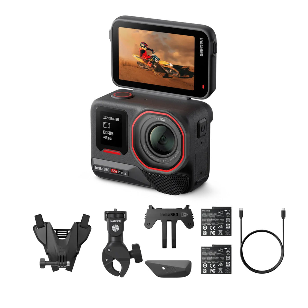 Insta360 Ace Pro 2 Motorcycle Bundle - Angled Front View of Camera and Flat View of Mounts and Additional Accessories
