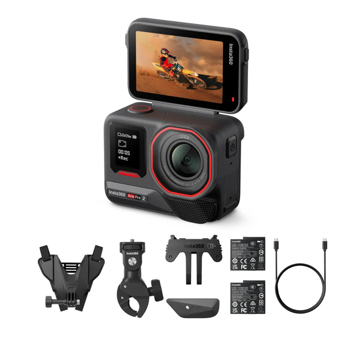 Insta360 Ace Pro 2 Motorcycle Bundle - Angled Front View of Camera and Flat View of Mounts and Additional Accessories