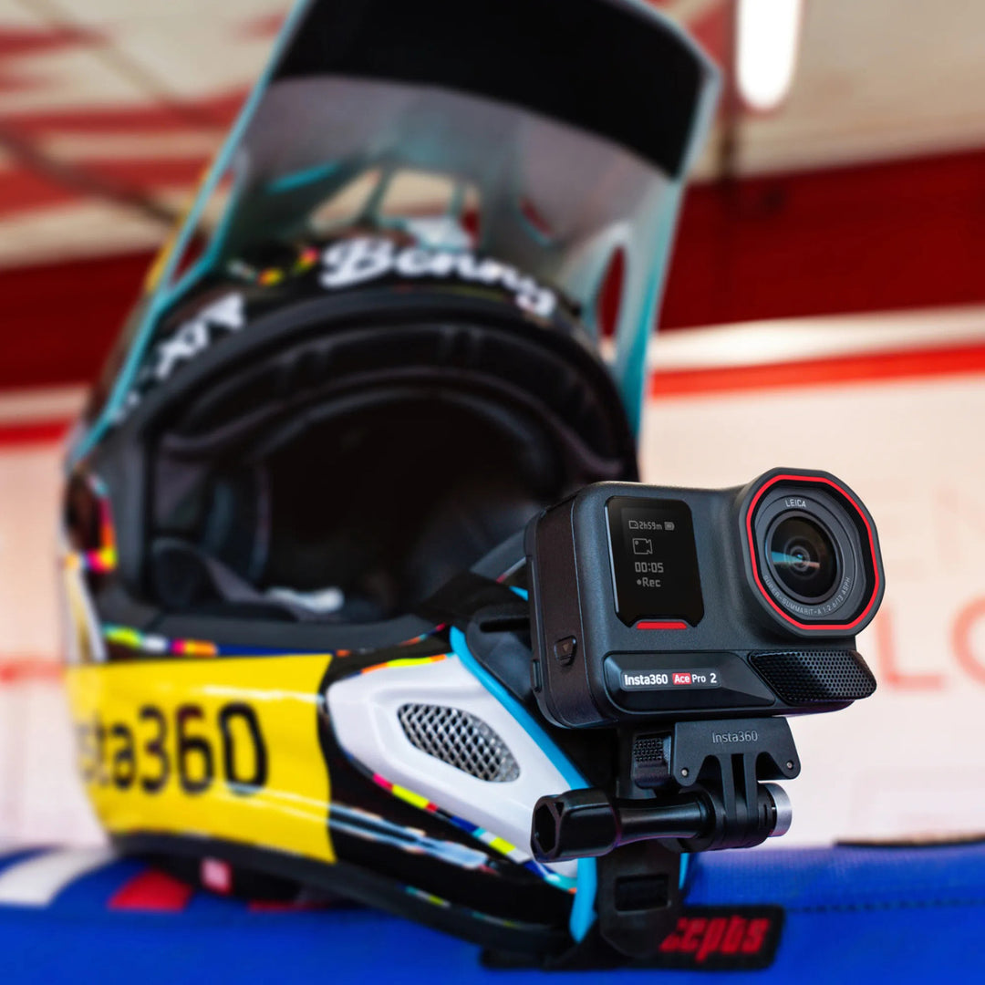 Insta360 Ace Pro 2 SMX Bundle - Lifestyle Close-Up of Camera Mounted to Mount Vent of Off Road Helmet