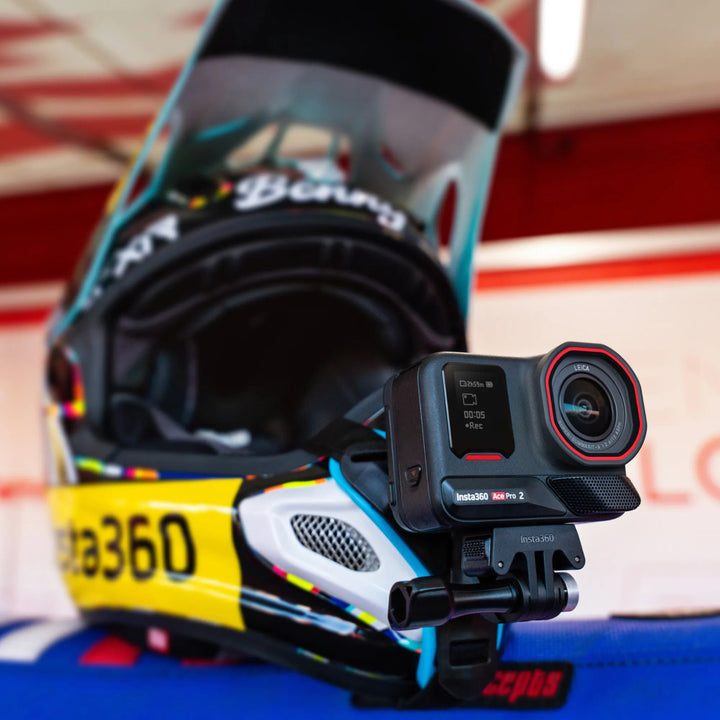 Insta360 Ace Pro 2 SMX Bundle - Lifestyle Close-Up of Camera Mounted to Mount Vent of Off Road Helmet