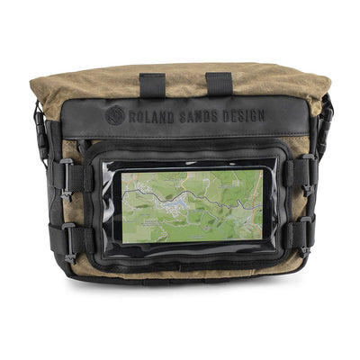 Kriega Roam Handlebar Bag Ranger - Front View with Phone in Clear Pocket Showing GPS Map