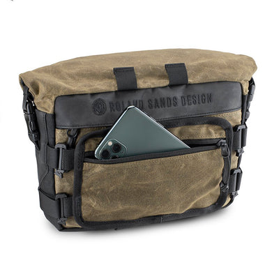 Kriega Roam Handlebar Bag Ranger - Front View of Phone Sticking out of Front Zippered Pocket