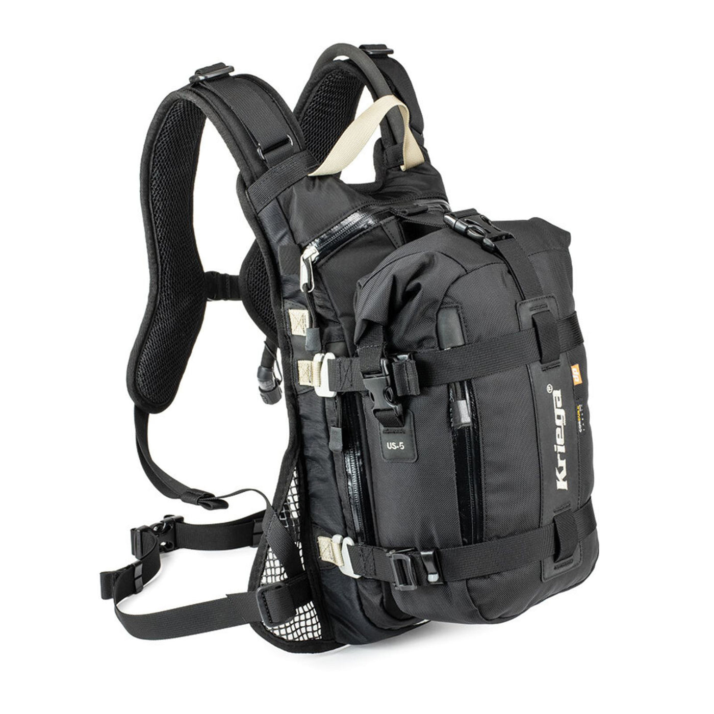 Kriega Hydro-3 Hydration Pack Black - Front Side View with Extra Bag attached