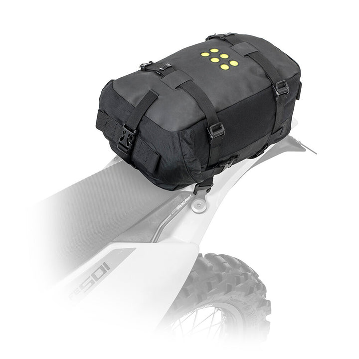 Kriega OS-12 Adventure Pack - Side View of Pack Installed on Faded Dirt Bike Tail Model