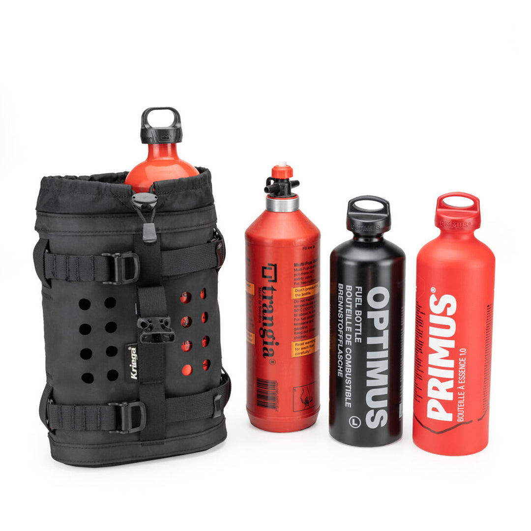 Kriega OS-Bottle - Front View with Fuel Bottles Lined Up Beside OS-Bottle