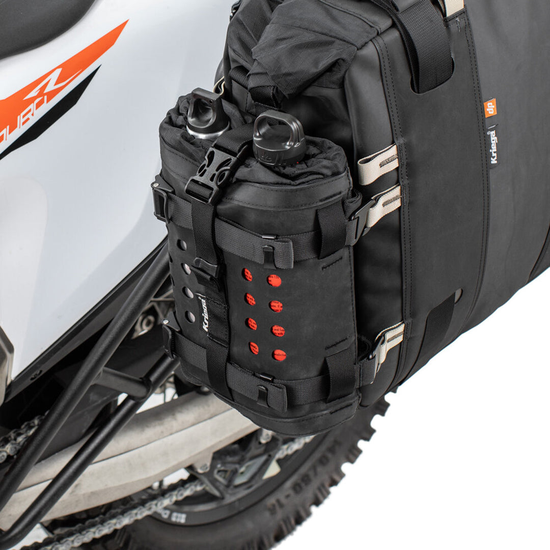 Kriega OS-Bottle - Angled Side View of OS-Bottle Installed on Saddlebag Pack