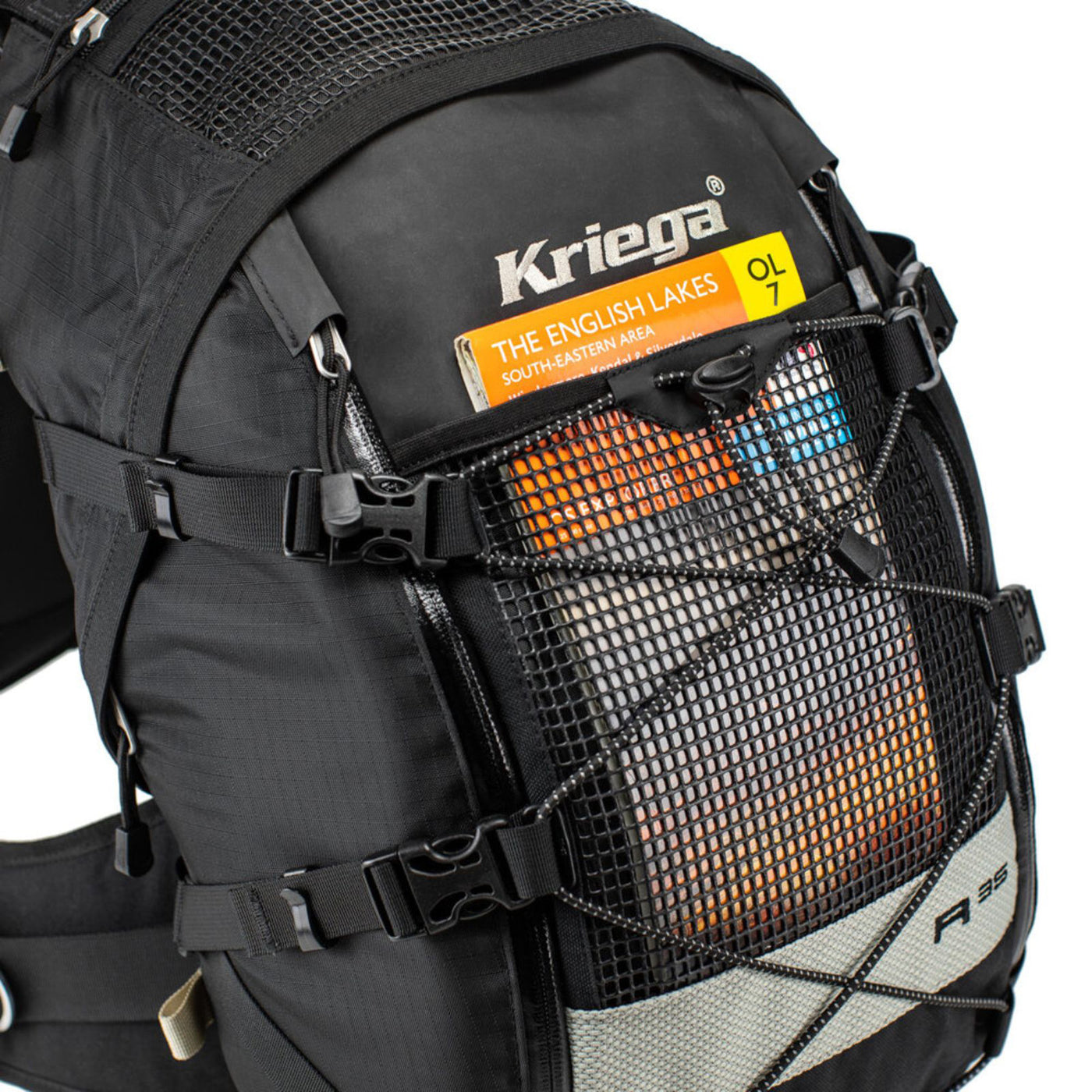 Kriega R35 Backpack - Close-Up of Map Inserted into Front Mesh Pocket