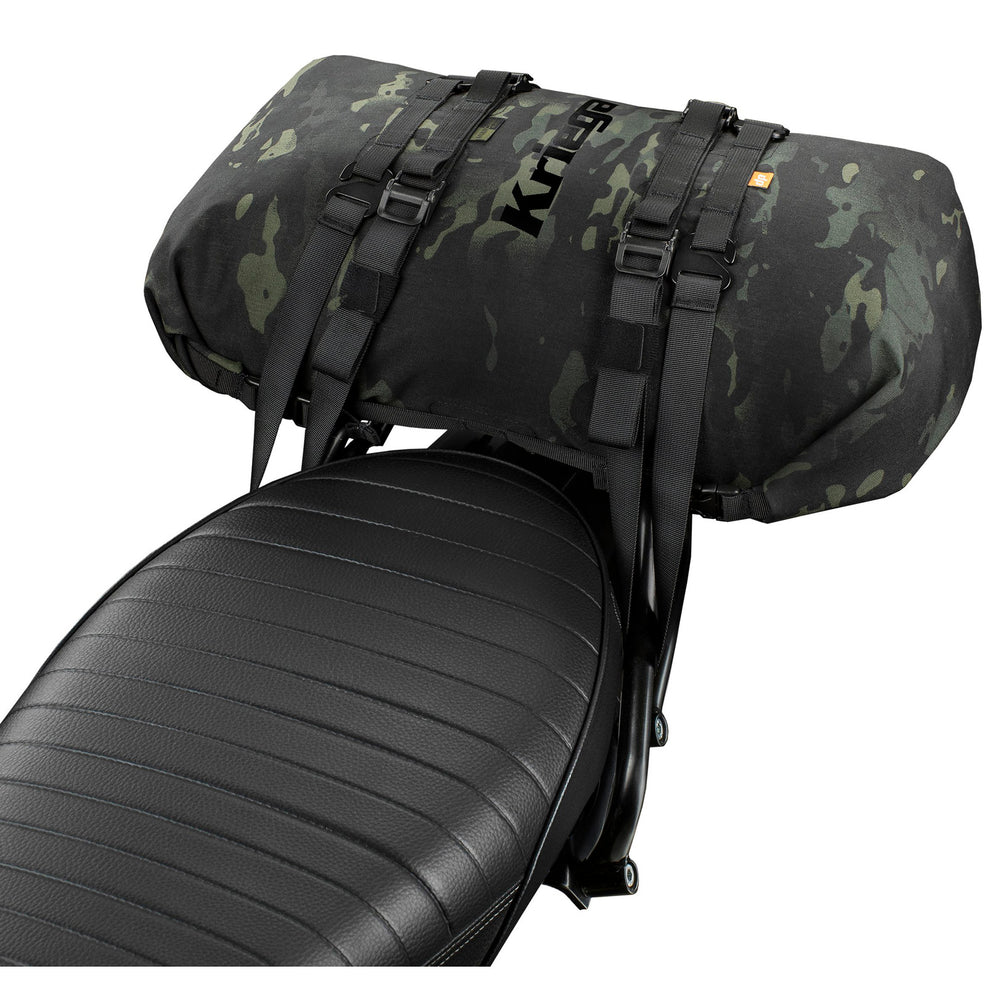 Kriega Rollpack 20 Multicam Black - Angled View of Rollpack Installed on Tail of Motorcycle