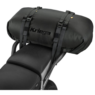 Kriega Rollpack 40 Black - Angled View of Rollpack Installed on Tail of Motorcycle