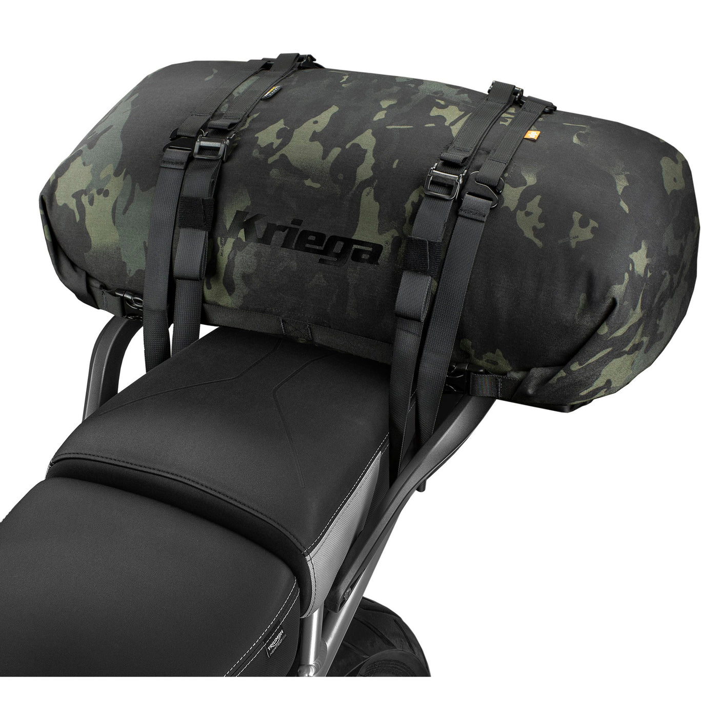 Kriega Rollpack 40 Multicam Black - Angled View of Rollpack Installed on Tail of Motorcycle