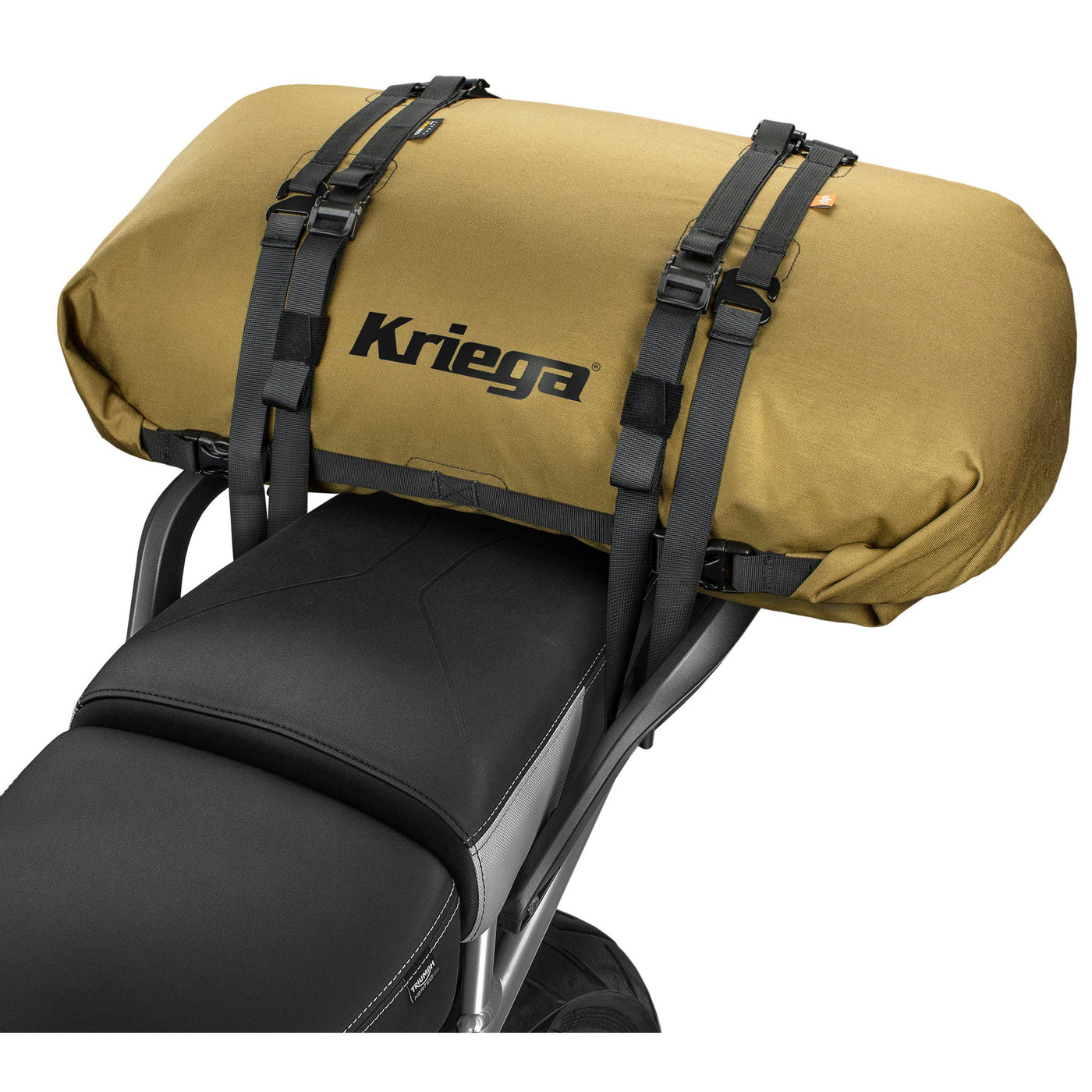 Kriega Rollpack 40 Coyote - Angled View of Rollpack Installed on Tail of Motorcycle