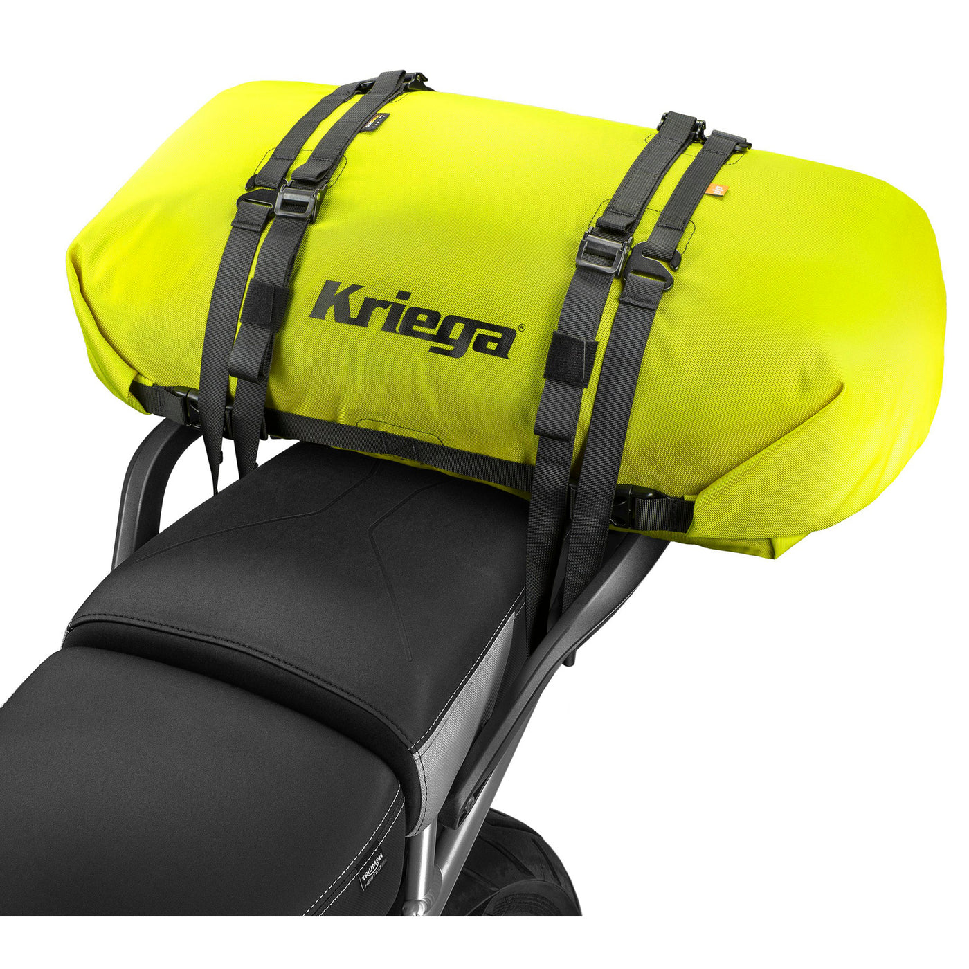 Kriega Rollpack 40 Lime - Angled View of Rollpack Installed on Tail of Motorcycle