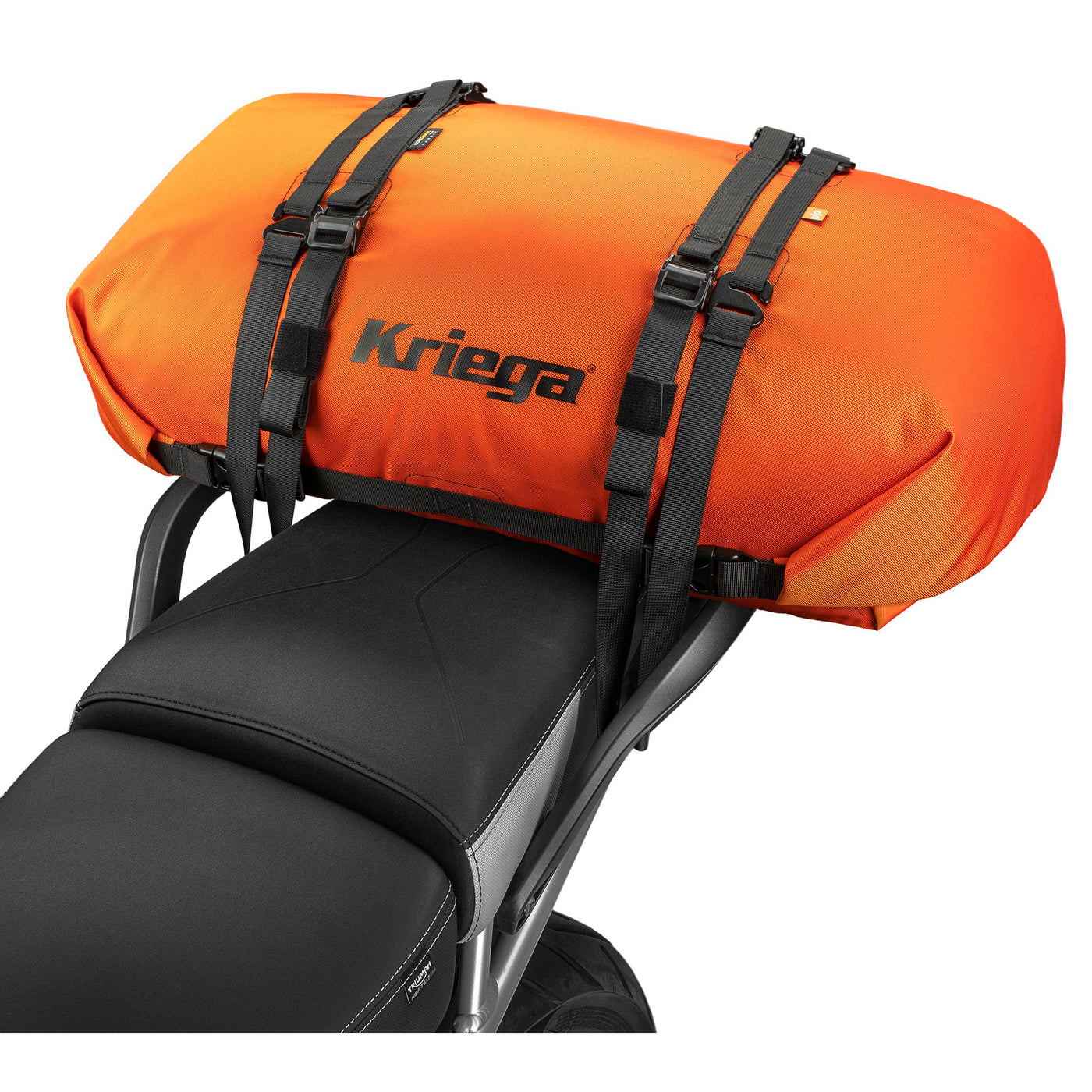 Kriega Rollpack 40 Orange - Angled View of Rollpack Installed on Tail of Motorcycle