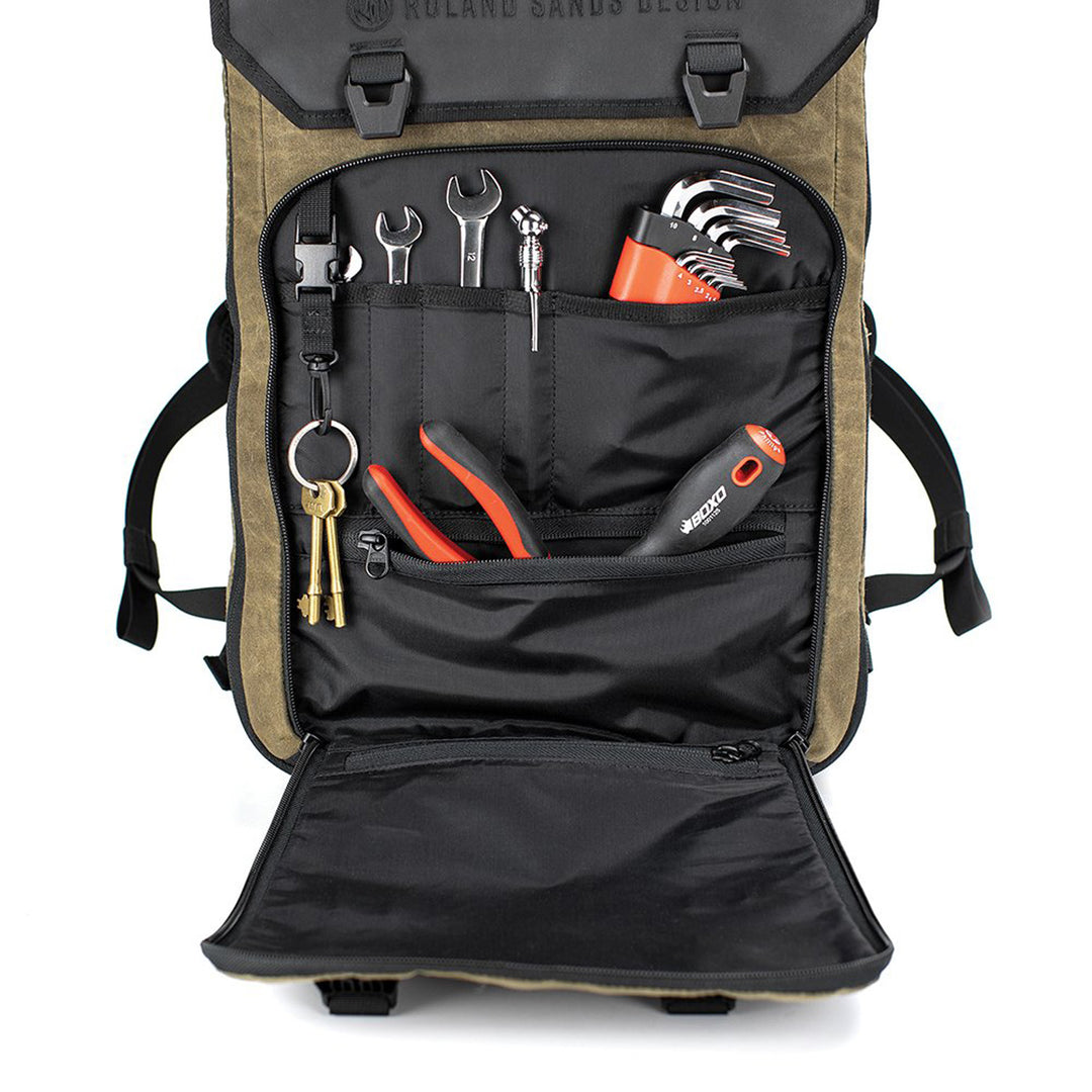 Kriega Roam 34 Backpack Ranger - Close-Up of Open Front Zippered Section with Tools Packed in Pockets