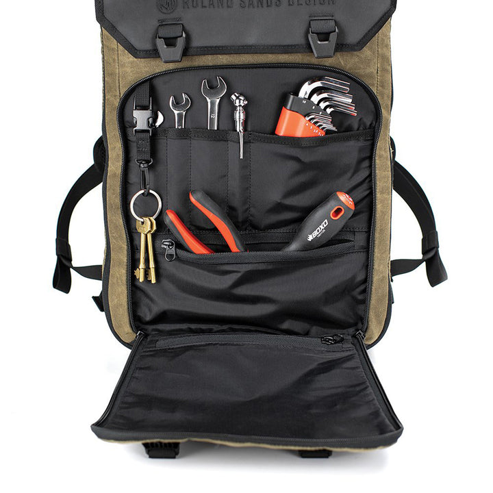 Kriega Roam 34 Backpack Ranger - Close-Up of Open Front Zippered Section with Tools Packed in Pockets