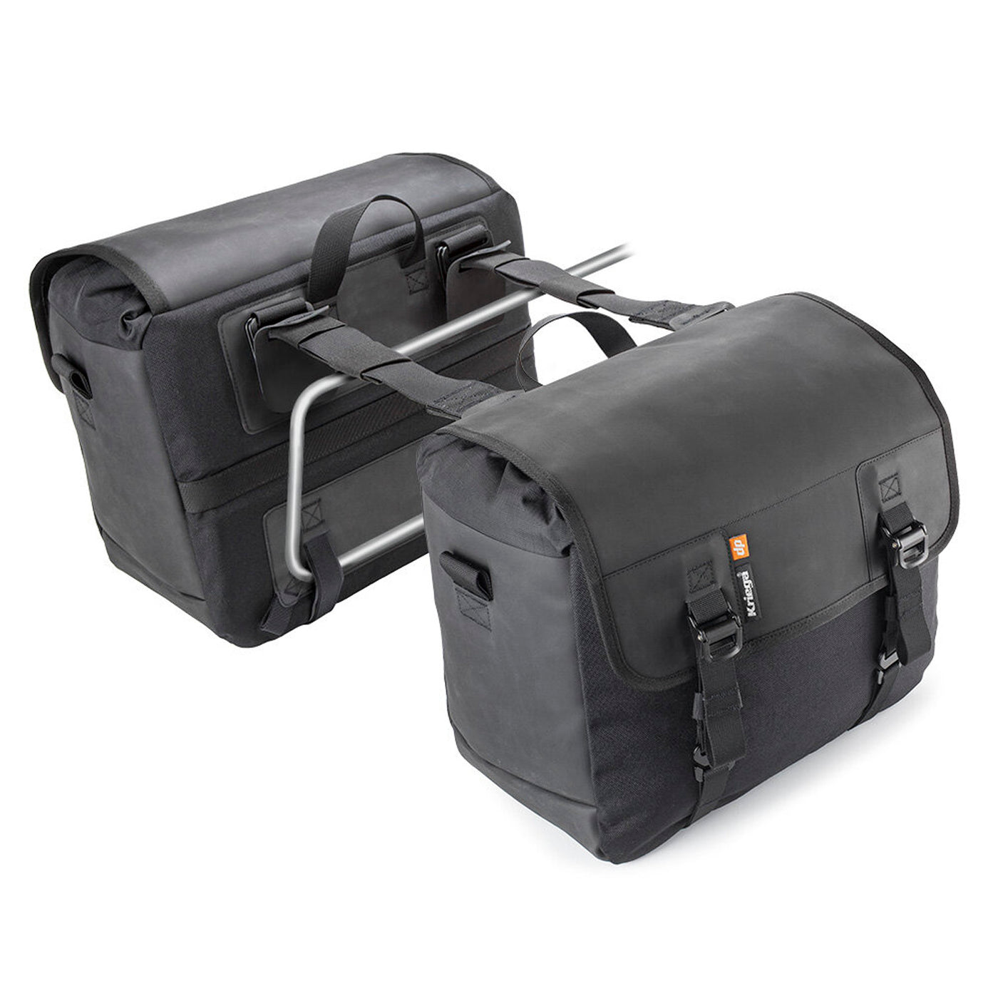 Kriega Saddlebags Duo-28 - Angled Side of Pair Mock Installed on Saddlebag Supports