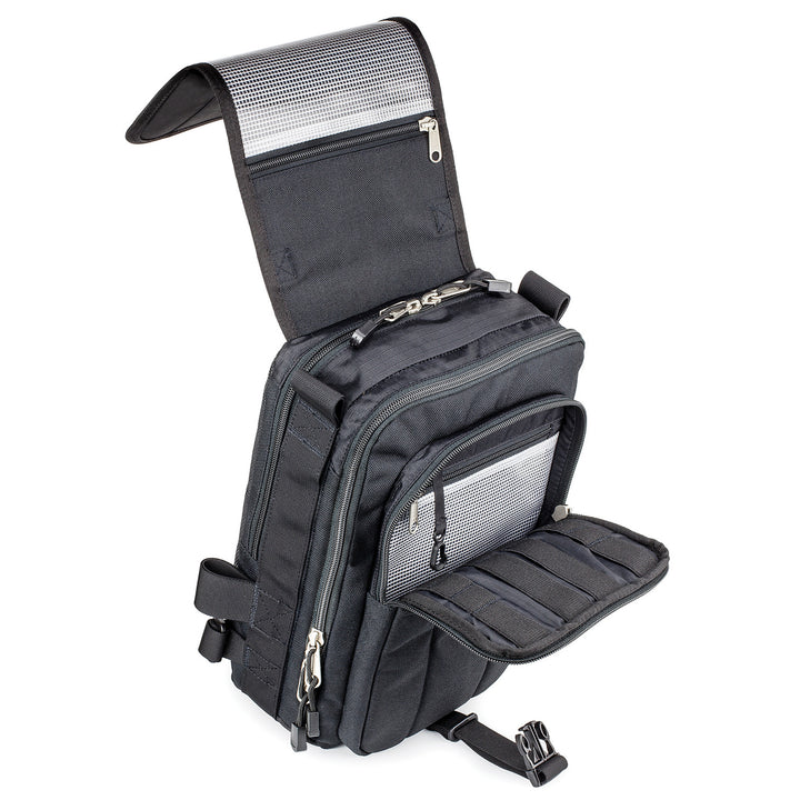 Kriega Sling EDC Messenger BagAngled View of Top Lid Flipped Back and Front Section Open
