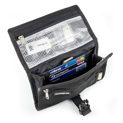 Kriega Stash Travel Wallet - Top Down View into Open Wallet with Mock Cards Slid into Slots