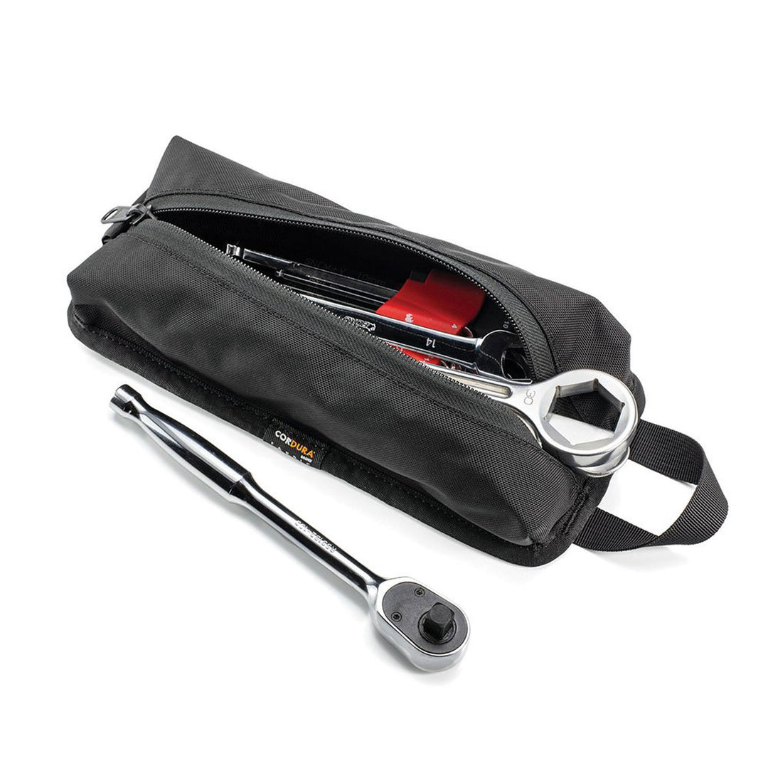 Kriega Tool Pouch Black - Front View, Open with Tools Inside