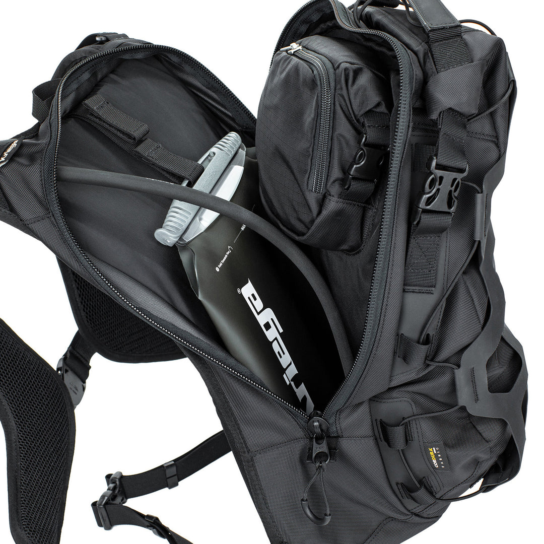 Kriega Trail 18 Adventure Backpack Black - Close-Up of Open Mid Section with Hydrapak Installed