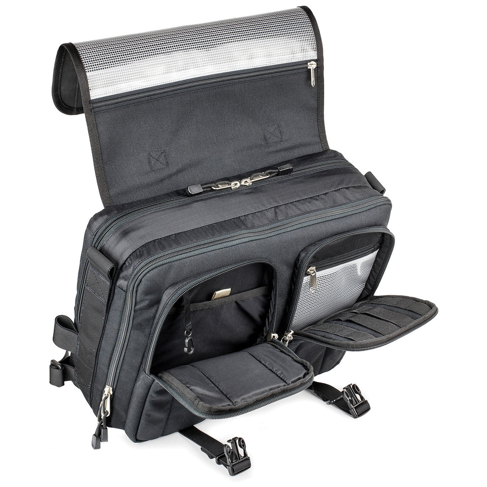 Kriega Urban EDC Messenger Bag - Front View with Lid Flapped Back and Front Pockets Open