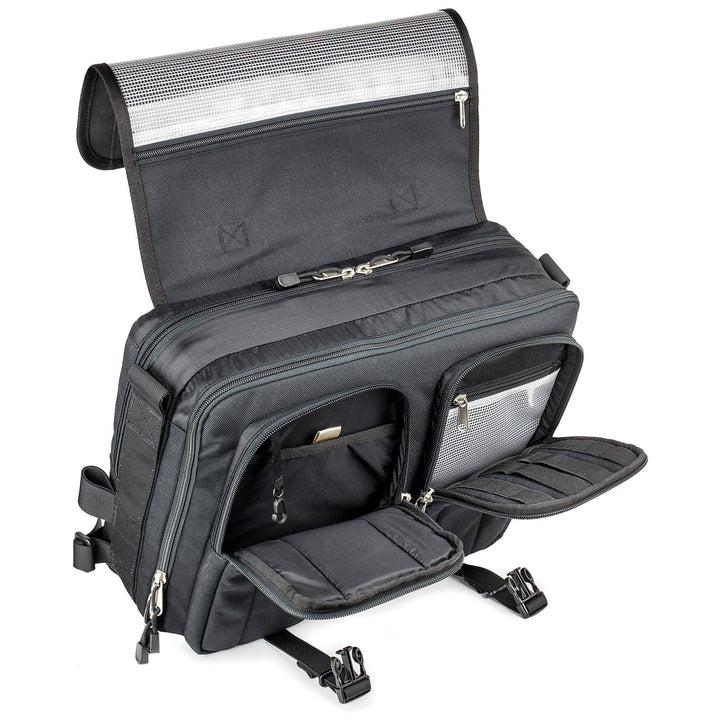 Kriega Urban EDC Messenger Bag - Front View with Lid Flapped Back and Front Pockets Open