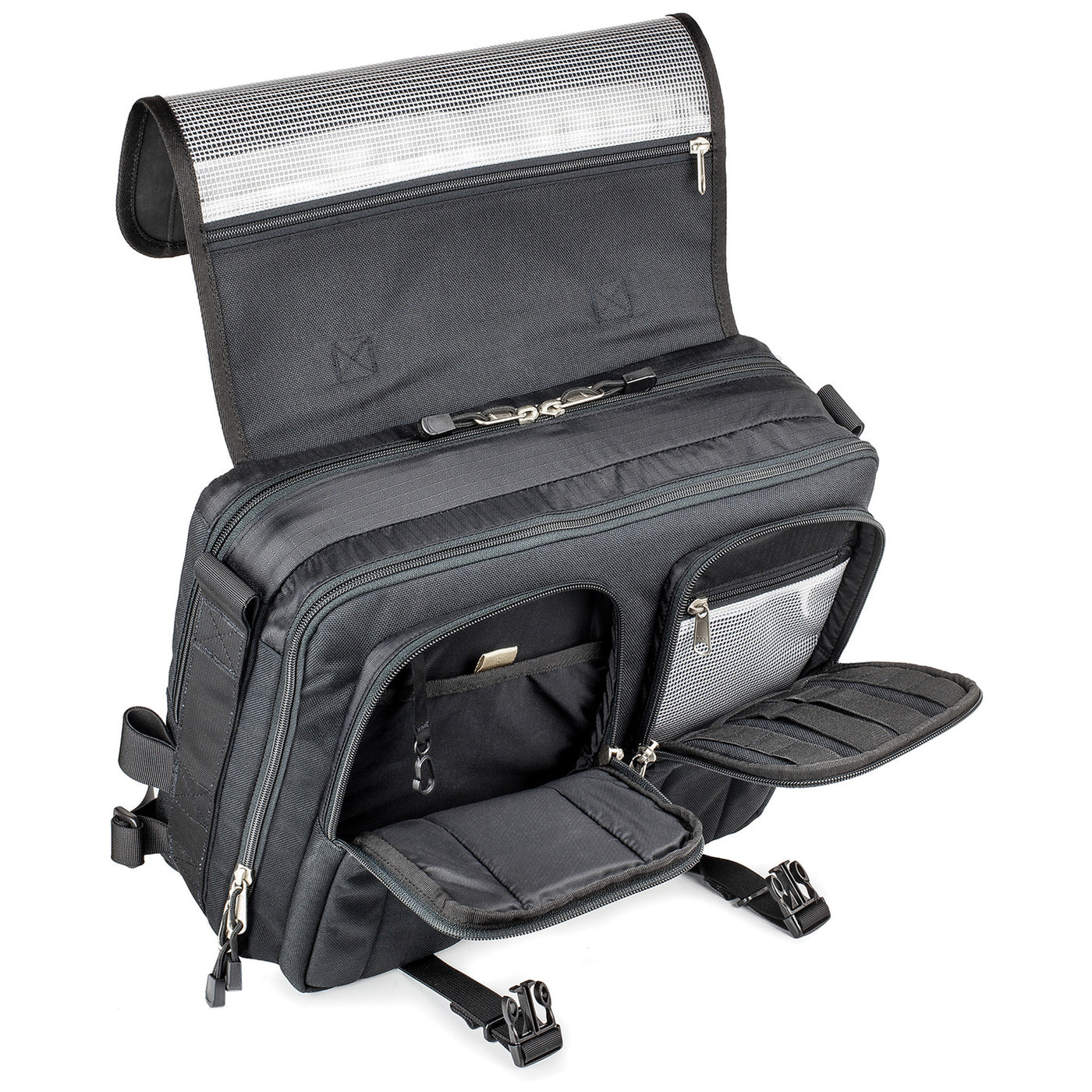 Kriega Urban EDC Messenger Bag - Front View with Lid Flapped Back and Front Pockets Open