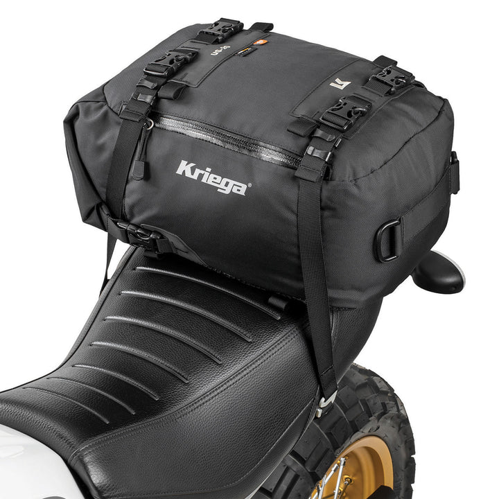 Kriega US-20 Drypack - Angled Side View of Pack Installed on Tail of Motorcycle