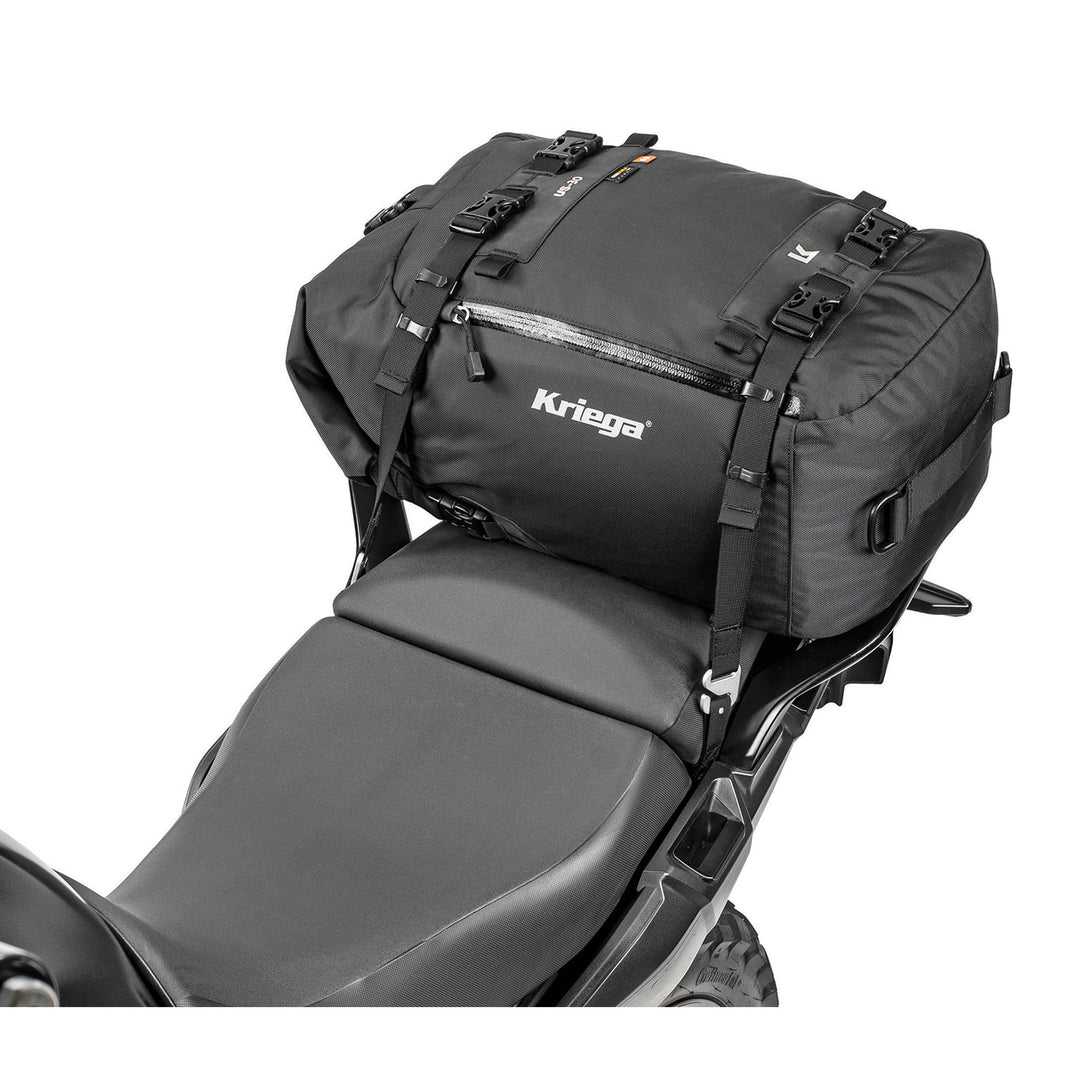 Kriega US-30 Drypack - Angled Side View of Drypack Installed on Tail of Motorcycle