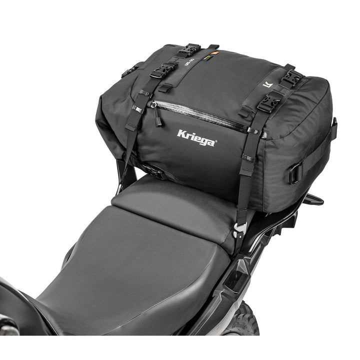 Kriega US-30 Drypack - Angled Side View of Drypack Installed on Tail of Motorcycle
