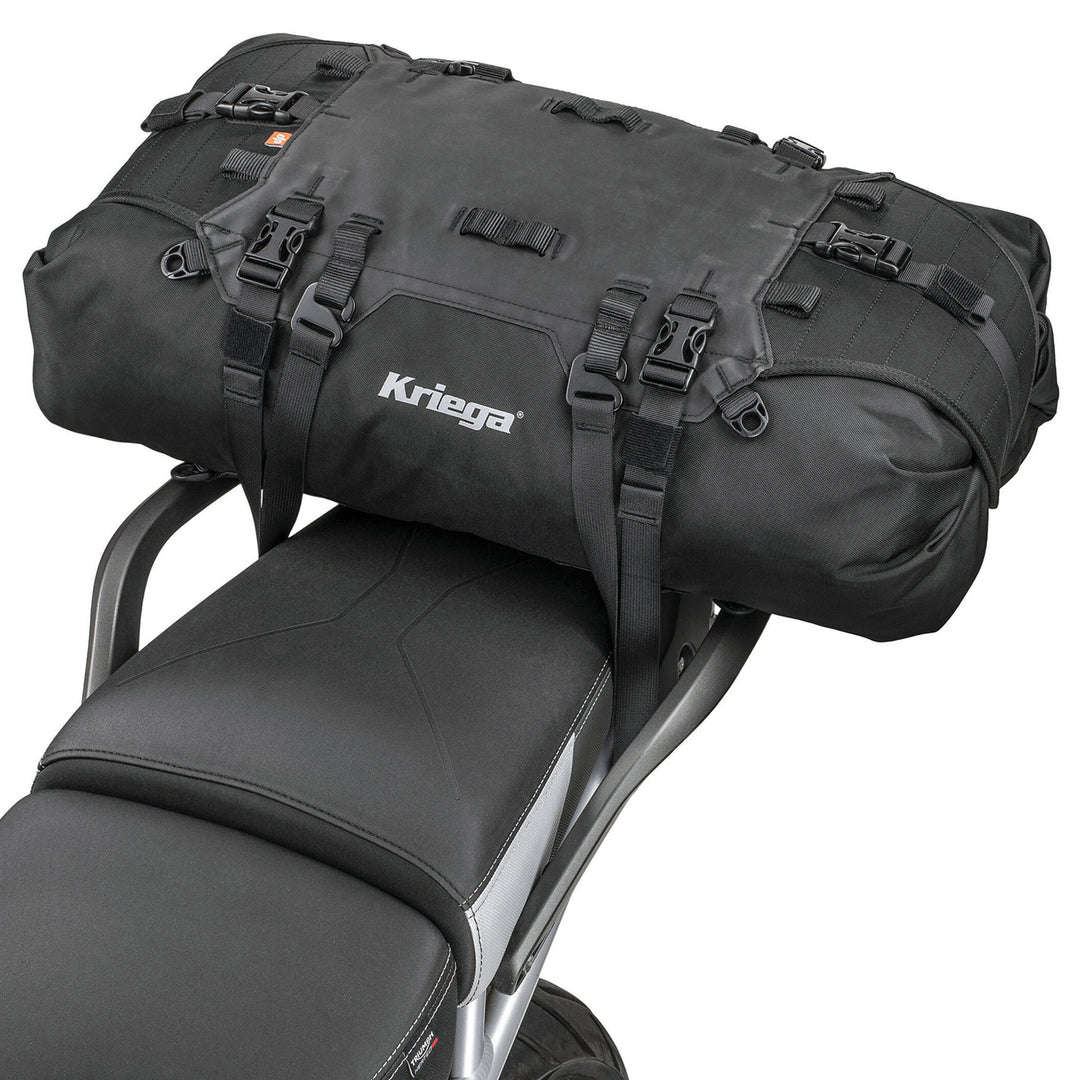 Kriega US-40 Rackpack - Angled Side View of Elongated Rackpack Installed on Tail of Motorcycle