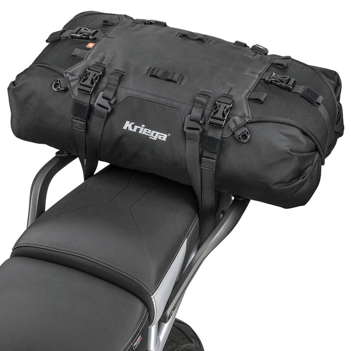 Kriega US-40 Rackpack - Angled Side View of Elongated Rackpack Installed on Tail of Motorcycle