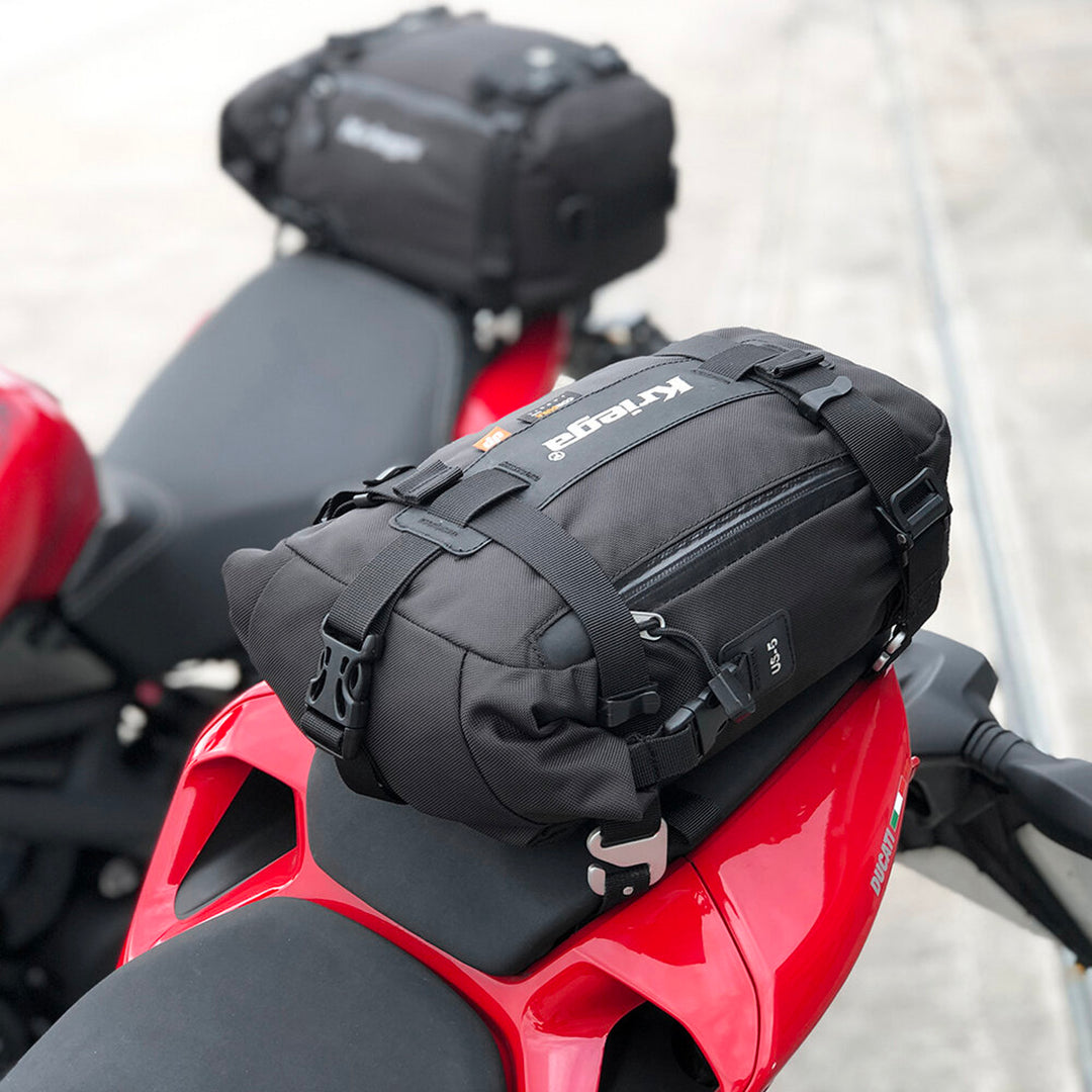 Kriega US-5 Drypack - Lifestyle Close-Up of Drypack Installed on Tail of Motorcycle