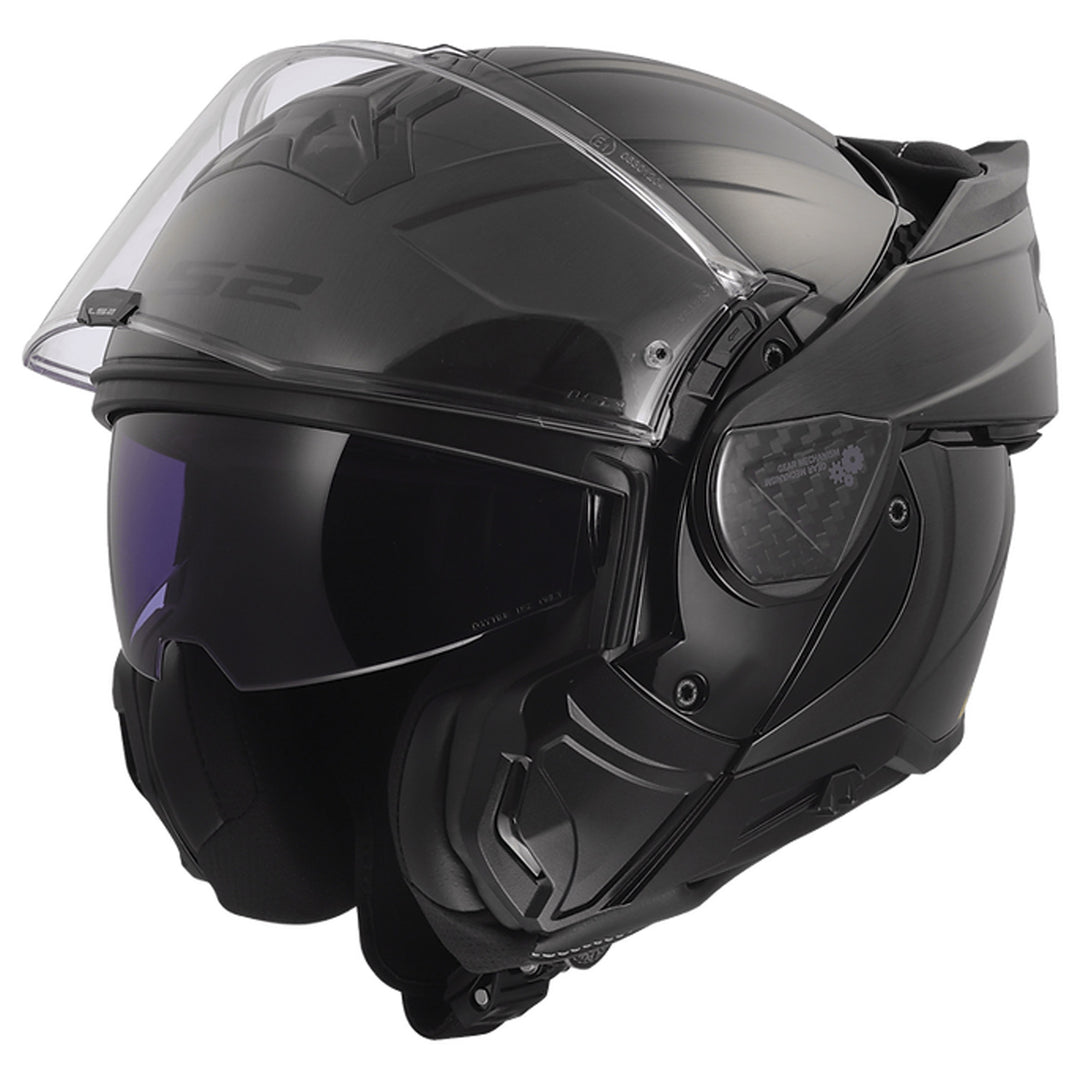 LS2 Helmets Advant II Jeans Helmet Gloss Gray - Front Left Side View with Chin Bar Rolled Back and Faceshield Raised