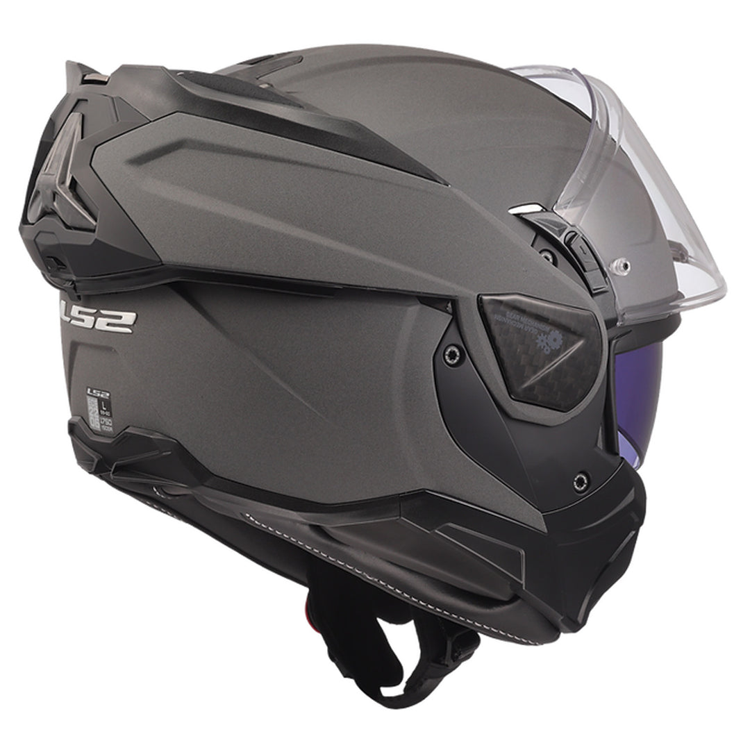 LS2 Helmets Advant II Solid Helmet Concrete Gray - Rear Right Side View with Chin Bar Rolled Back and Faceshield Raised