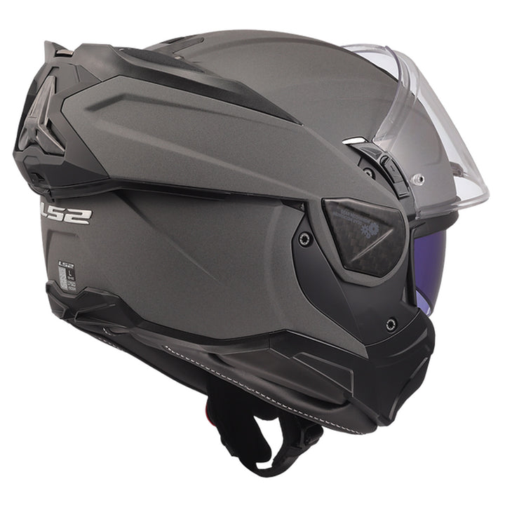 LS2 Helmets Advant II Solid Helmet Concrete Gray - Rear Right Side View with Chin Bar Rolled Back and Faceshield Raised