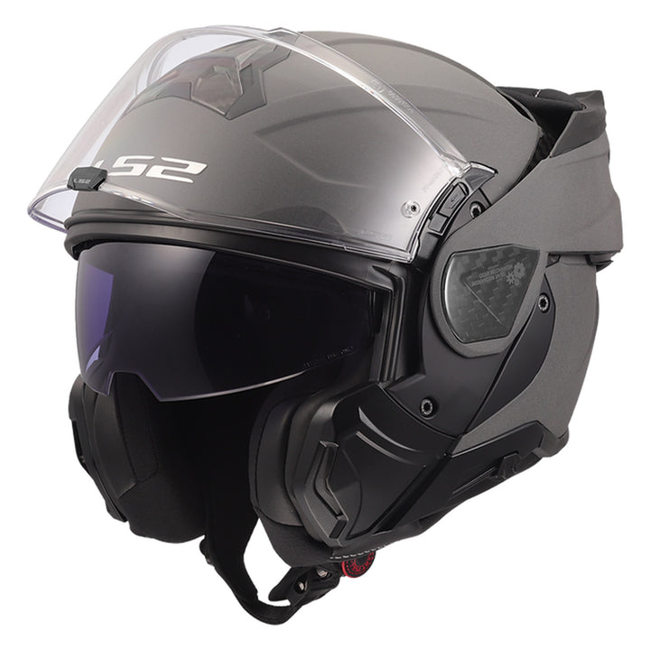 LS2 Helmets Advant II Solid Helmet Concrete Gray - Front Left Side View with Chin Bar Rolled Back and Faceshield Raised