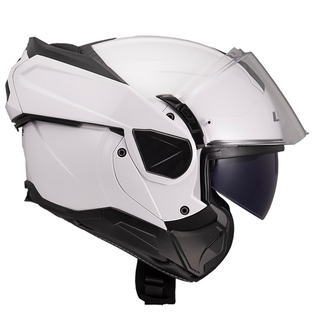 LS2 Helmets Advant II Solid Helmet Gloss White - Right Side View with Chin Bar Rolled Back and Faceshield Raised