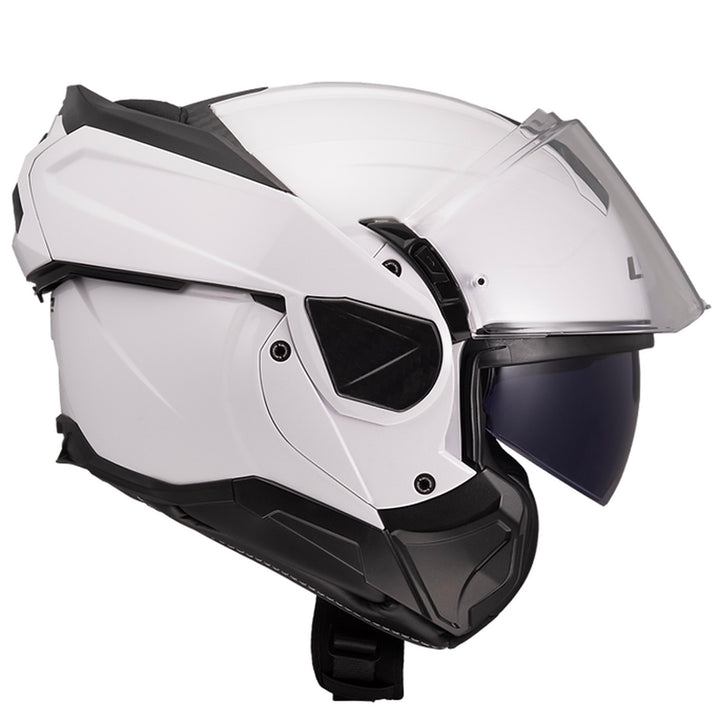 LS2 Helmets Advant II Solid Helmet Gloss White - Right Side View with Chin Bar Rolled Back and Faceshield Raised